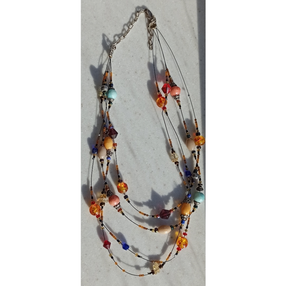 Art Glass Bohemian Necklace Layered Multi Color Multi String Seed Bead Marbled
